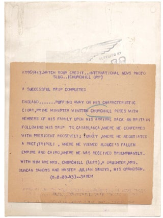 A SUCCESSFUL TRIP COMPLETED - An original press photograph of British Prime Minister Winston S. Churchill on 7 February 1943, being greeted by his wife, eldest daughter, and first grandson upon his arrival back in Britain following his Casablanca Conference with U.S. President Franklin D. Roosevelt